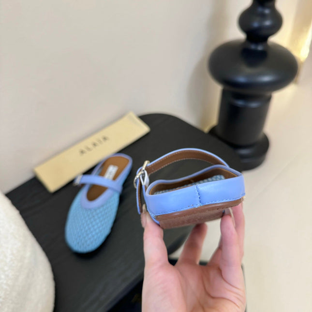 ALAIA FLAT MULES 25S IN BLUE MIX PURPLE WOVEN MESH