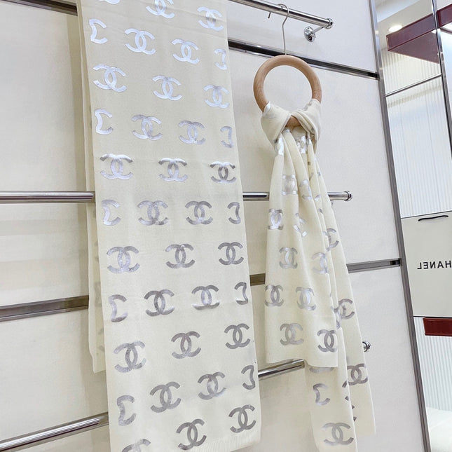 SCARF 190 CM IN WHITE CASHMERE WITH SILVER LOGO 401169