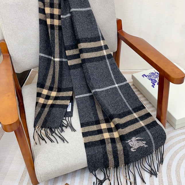 CLASSIC WOOL CHECK SCARF 180 CM DARK GRAY MIX CAMEL BROWN 402098