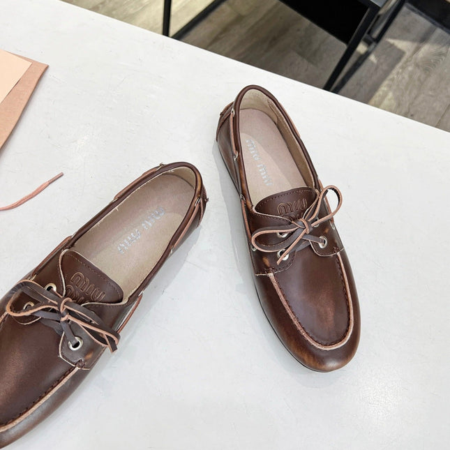 Lace-up Retro Loafers Walnut Color Cowhide
