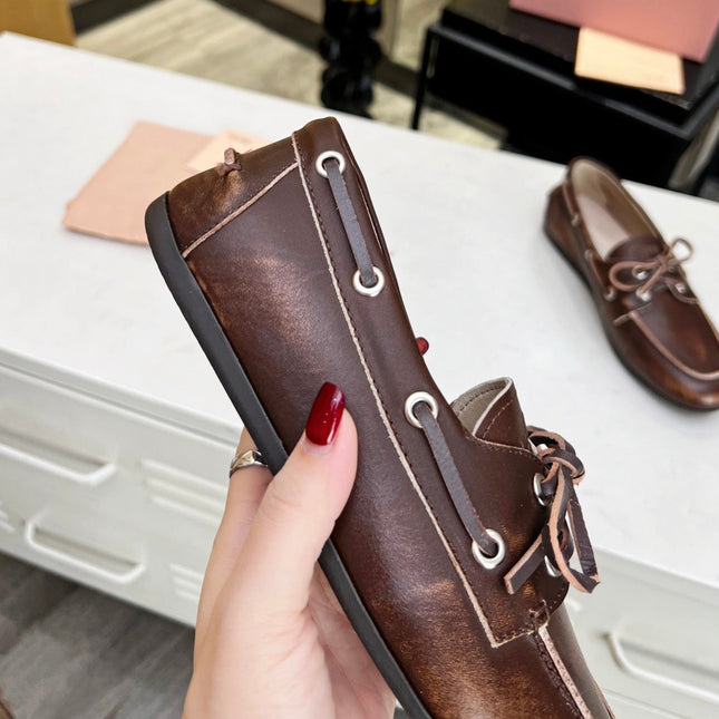Lace-up Retro Loafers Walnut Color Cowhide
