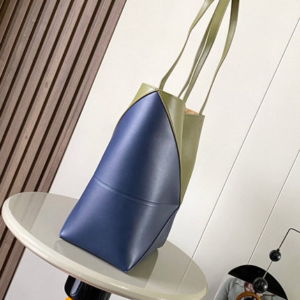 LOEWE 25S PUZZLE FOLD BAG 31 IN OLIVE GREEN AND DARK BLUE SHINY CALFSKIN