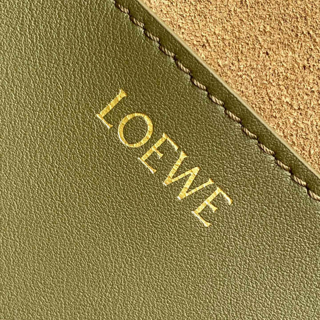 LOEWE 25S PUZZLE FOLD BAG 31 IN OLIVE GREEN AND DARK BLUE SHINY CALFSKIN