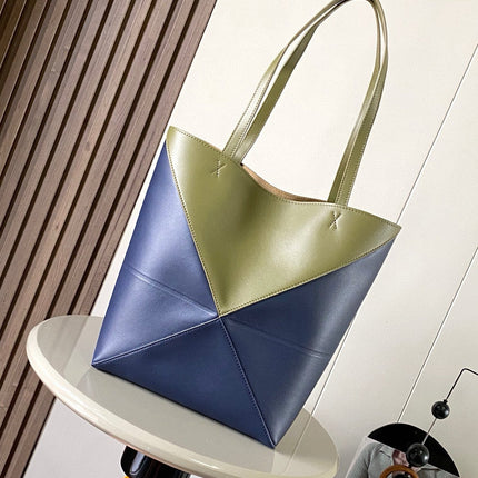 LOEWE 25S PUZZLE FOLD BAG 31 IN OLIVE GREEN AND DARK BLUE SHINY CALFSKIN