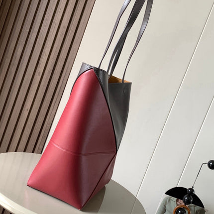 LOEWE 25S PUZZLE FOLD BAG 31 IN SOCOLA AND MAROON SHINY CALFSKIN