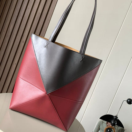 LOEWE 25S PUZZLE FOLD BAG 31 IN SOCOLA AND MAROON SHINY CALFSKIN