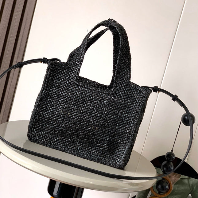 LOEWE 25S WE FONT TOTE BAG 24 IN BLACK RAFFIA FIBER