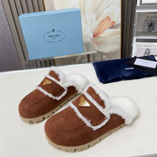 SUEDE AND SHEARLING MULES UMBER BROWN