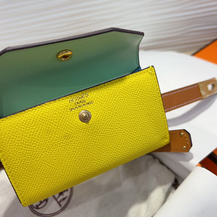 HM KELLY LEMON YELLOW POCKET 18MM BELT CINNAMON BROWN LEATHER GOLD HARDWARE