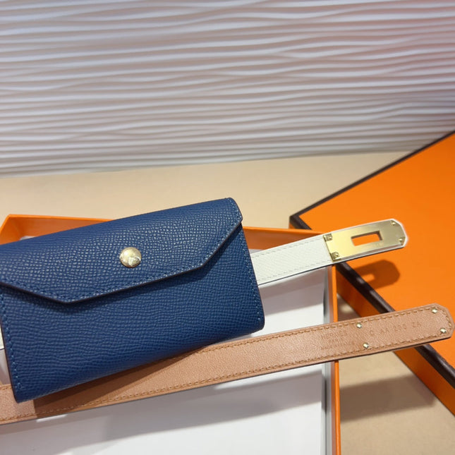 HM KELLY NAVY BLUE POCKET 18MM BELT WHITE LEATHER GOLD HARDWARE