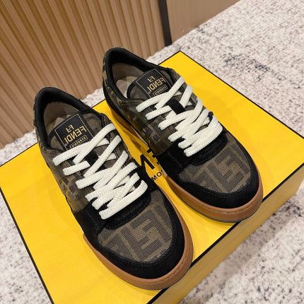 FENDI 25S MATCH SNEAKERS IN BLACK SUEDE MIX BROWN CANVAS STYLE 5
