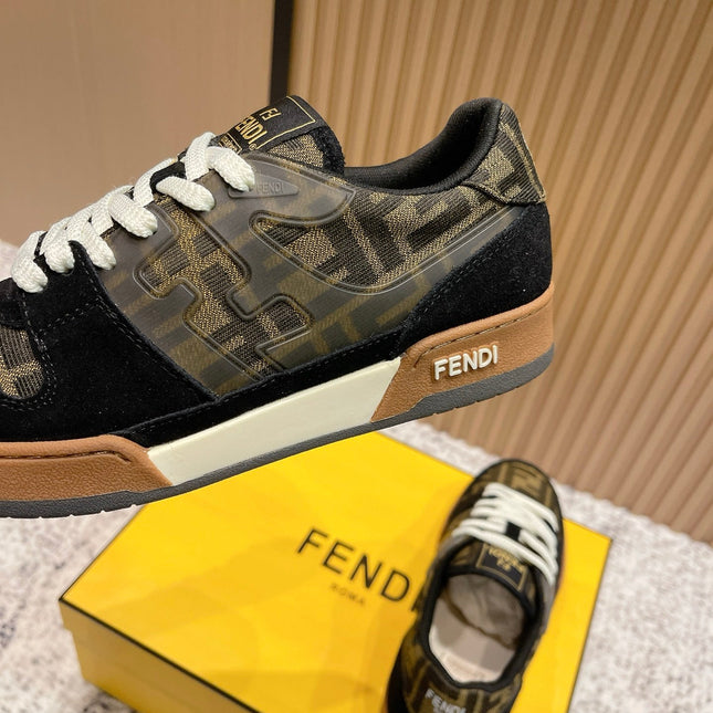 FENDI 25S MATCH SNEAKERS IN BLACK SUEDE MIX BROWN CANVAS STYLE 5