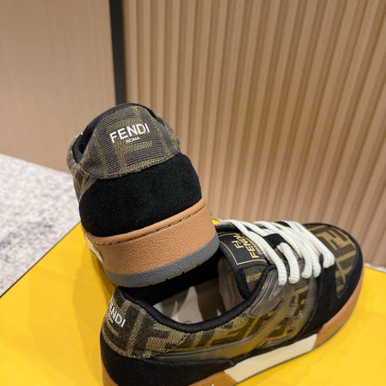 FENDI 25S MATCH SNEAKERS IN BLACK SUEDE MIX BROWN CANVAS STYLE 5