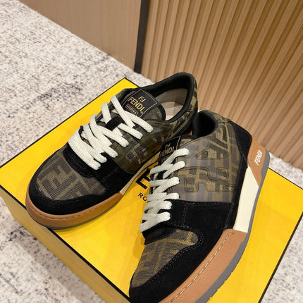 FENDI 25S MATCH SNEAKERS IN BLACK SUEDE MIX BROWN CANVAS STYLE 5