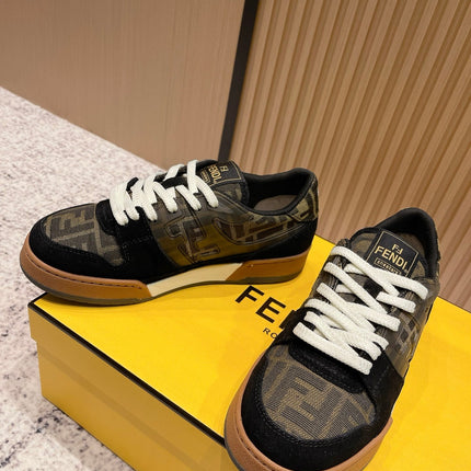 FENDI 25S MATCH SNEAKERS IN BLACK SUEDE MIX BROWN CANVAS STYLE 5