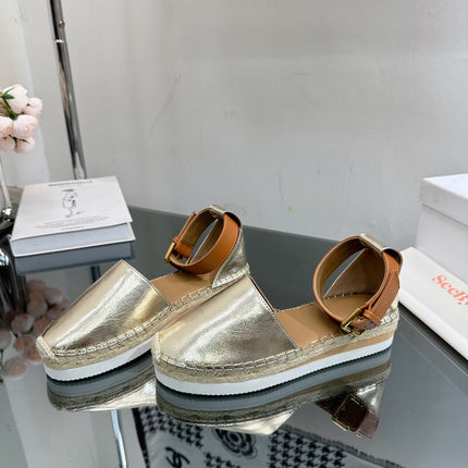 SEE BY ESPADRILLES SANDAL IN LIGHT GOLD CALFSKIN AND WOVEN RAFFIA