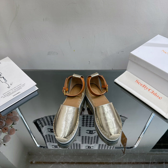 SEE BY ESPADRILLES SANDAL IN LIGHT GOLD CALFSKIN AND WOVEN RAFFIA