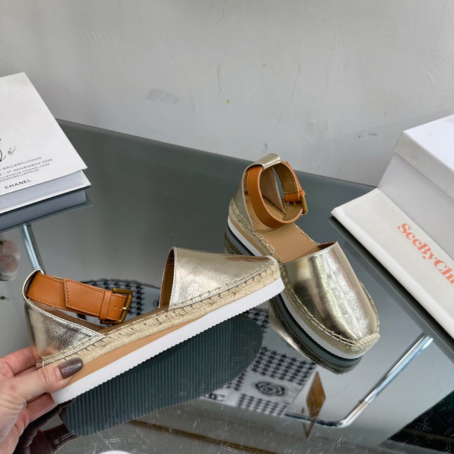 SEE BY ESPADRILLES SANDAL IN LIGHT GOLD CALFSKIN AND WOVEN RAFFIA
