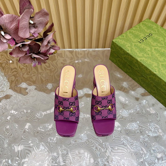 HORSEBIT SLIDE SANDAL IN VIOLET MONOGRAM CANVAS AND SHEEPSKIN LINING