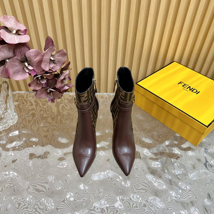 FF BOOTIES BOOTS IN SANGRIA PURPLE CALFSKIN AND MONOGRAM FF FABRIC