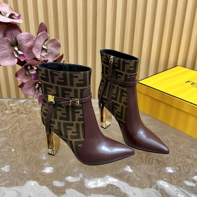 FF BOOTIES BOOTS IN SANGRIA PURPLE CALFSKIN AND MONOGRAM FF FABRIC