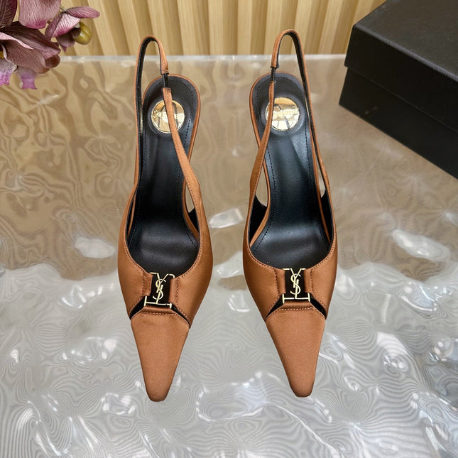 BABYLONE SLINGBACK PUMPS IN RUSTIC ORANGE SILK GOLD LOGO