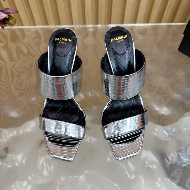 BALMAIN 25S MULES IN STRIPED LEATHER 95MM IN SILVER CALFSKIN