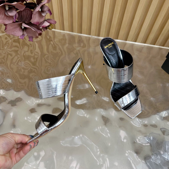 BALMAIN 25S MULES IN STRIPED LEATHER 95MM IN SILVER CALFSKIN