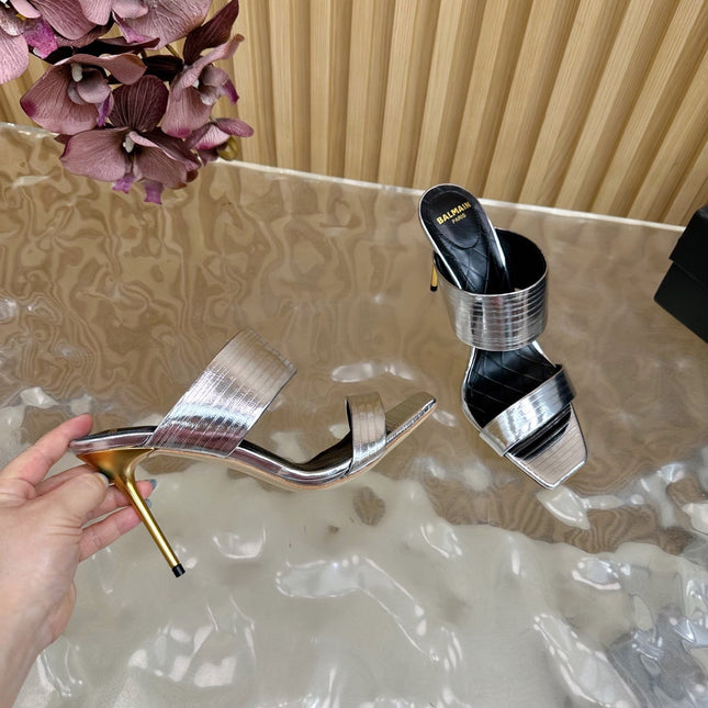 BALMAIN 25S MULES IN STRIPED LEATHER 95MM IN SILVER CALFSKIN