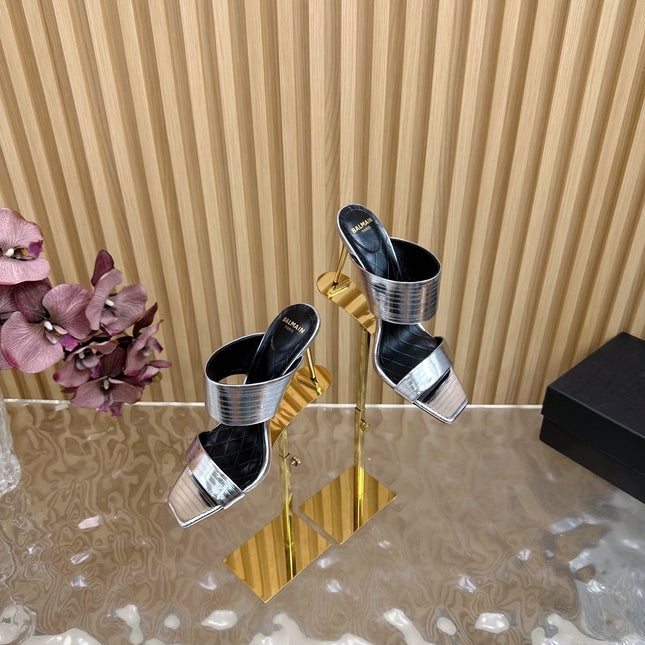 BALMAIN 25S MULES IN STRIPED LEATHER 95MM IN SILVER CALFSKIN