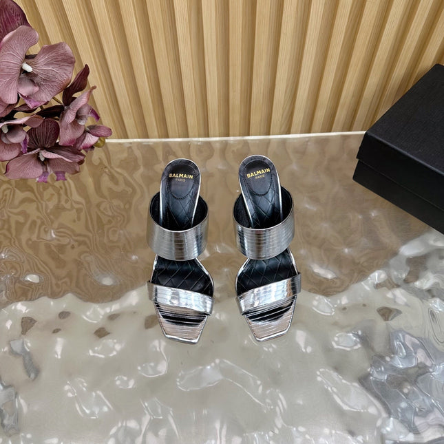 BALMAIN 25S MULES IN STRIPED LEATHER 95MM IN SILVER CALFSKIN