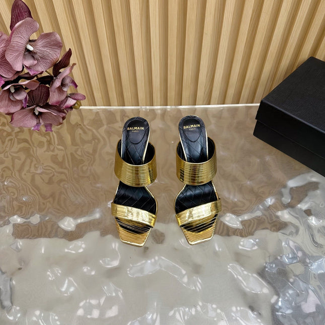 BALMAIN 25S MULES IN STRIPED LEATHER 95MM IN GOLD CALFSKIN