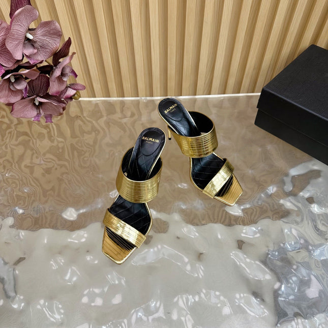 BALMAIN 25S MULES IN STRIPED LEATHER 95MM IN GOLD CALFSKIN