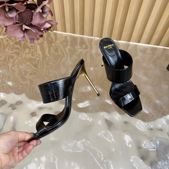 BALMAIN 25S MULES IN STRIPED LEATHER 95MM IN BLACK CALFSKIN