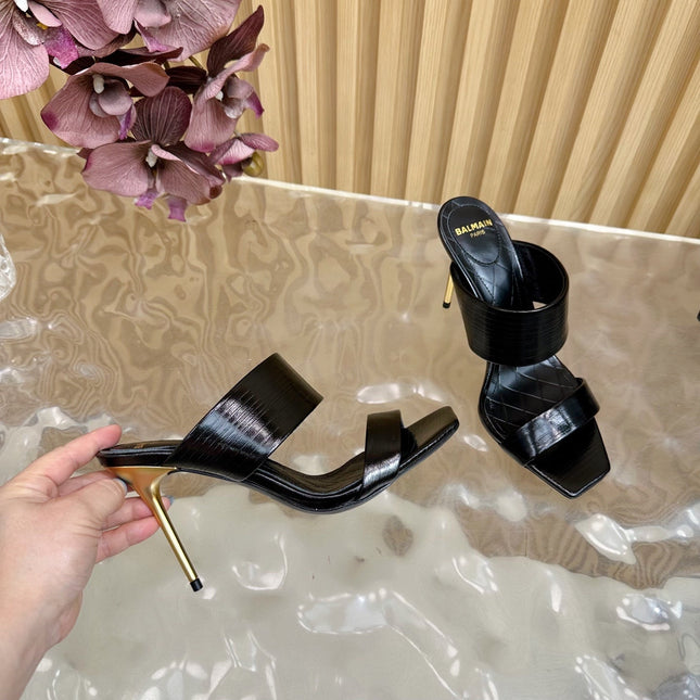 BALMAIN 25S MULES IN STRIPED LEATHER 95MM IN BLACK CALFSKIN