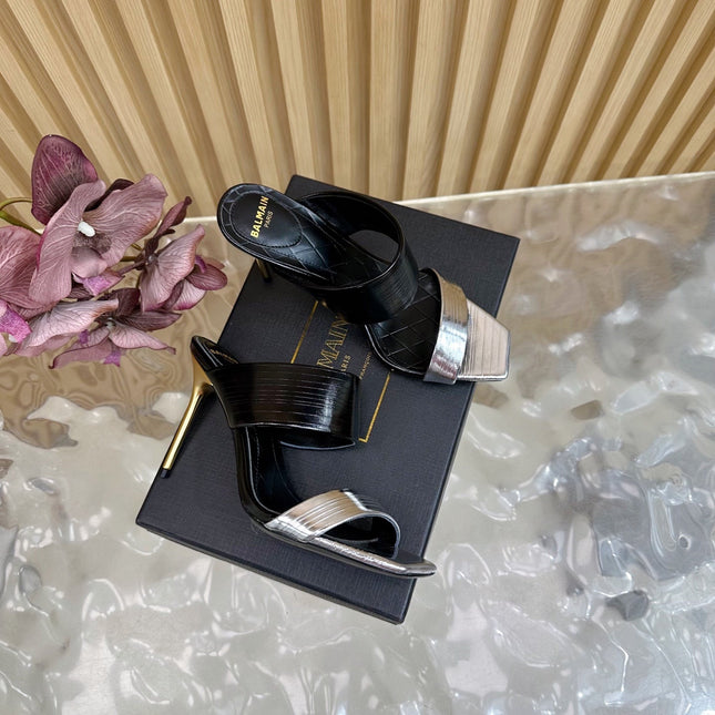 BALMAIN 25S MULES IN STRIPED LEATHER 95MM IN BLACK AND SILVER CALFSKIN