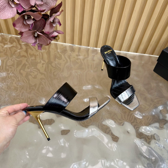 BALMAIN 25S MULES IN STRIPED LEATHER 95MM IN BLACK AND SILVER CALFSKIN