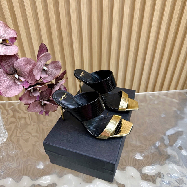 BALMAIN 25S MULES IN STRIPED LEATHER 95MM IN BLACK AND GOLD CALFSKIN