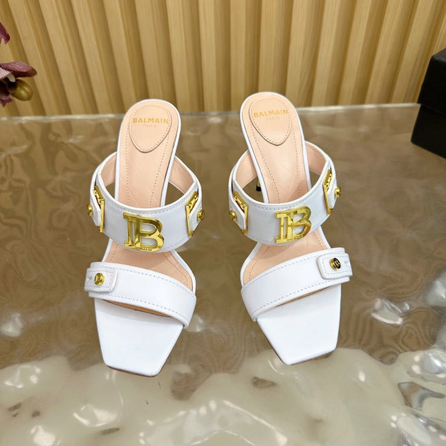 BALMAIN 25S MULES IN STRIPED LEATHER 95MM IN WHITE CALFSKIN GOLD HARDWARE