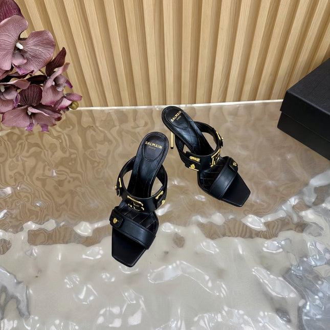 BALMAIN 25S MULES IN STRIPED LEATHER 95MM IN BLACK CALFSKIN GOLD HARDWARE