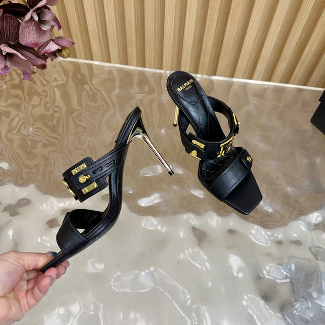 BALMAIN 25S MULES IN STRIPED LEATHER 95MM IN BLACK CALFSKIN GOLD HARDWARE