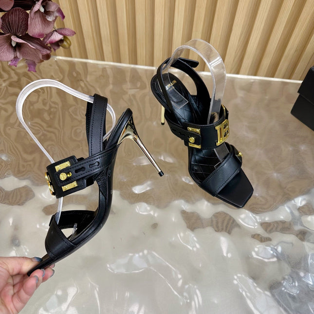 BALMAIN 25S RHINESTONE STILETTO SANDALS 95MM IN BLACK CALFSKIN