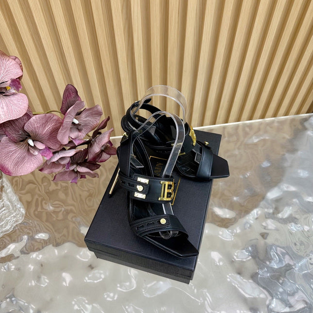 BALMAIN 25S RHINESTONE STILETTO SANDALS 95MM IN BLACK CALFSKIN