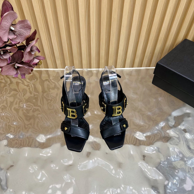 BALMAIN 25S RHINESTONE STILETTO SANDALS 95MM IN BLACK CALFSKIN