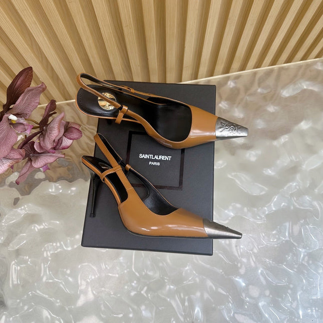 YSL 25S HIGH-HEEL SLINGBACKS 85 MM IN CAMEL BROWN LAMBSKIN AND SILVER HARDWARE