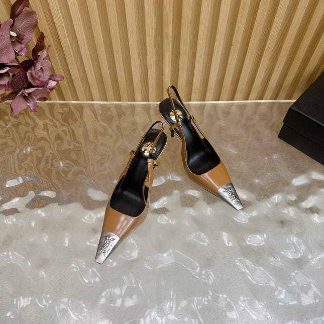 YSL 25S HIGH-HEEL SLINGBACKS 105 MM IN CAMEL BROWN LAMBSKIN AND SILVER HARDWARE