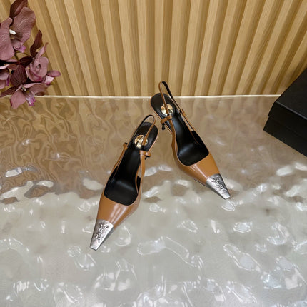 YSL 25S HIGH-HEEL SLINGBACKS 85 MM IN CAMEL BROWN LAMBSKIN AND SILVER HARDWARE