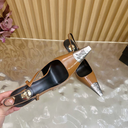 YSL 25S HIGH-HEEL SLINGBACKS 105 MM IN CAMEL BROWN LAMBSKIN AND SILVER HARDWARE