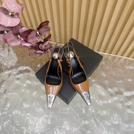 YSL 25S HIGH-HEEL SLINGBACKS 85 MM IN CAMEL BROWN LAMBSKIN AND SILVER HARDWARE