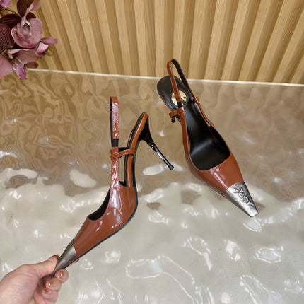 YSL 25S HIGH-HEEL SLINGBACKS 105 MM IN REDWOOD BROWN LAMBSKIN AND SILVER HARDWARE